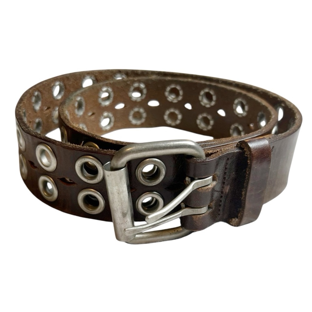 Brown leather silver rivet double prong buckle belt waist 34”